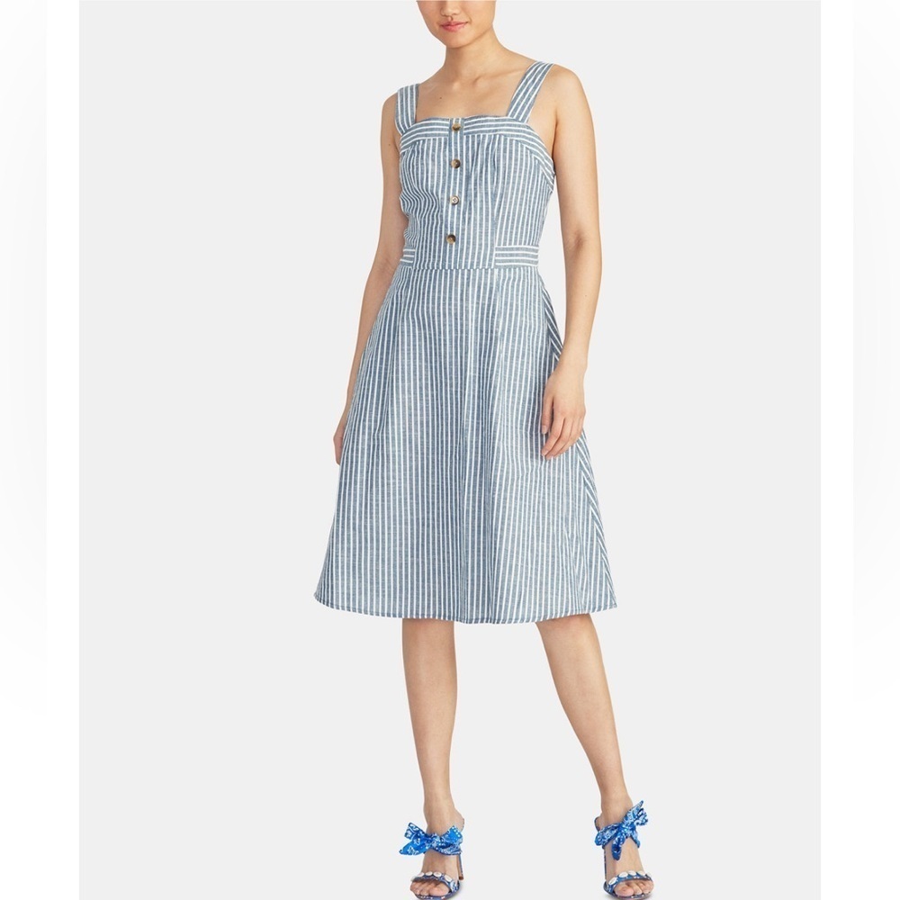 Rachel Roy Rylnne Striped Blue and White button front open back Dress 8